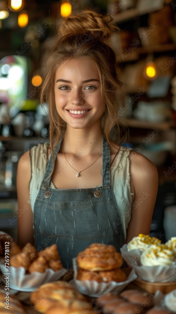 A smiling young woman wearing an apron stands before delicious pastries in a cozy bakery setting., generative ai