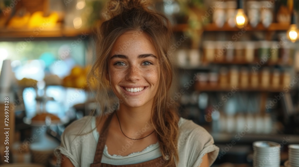 A smiling young woman with an apron, in a cozy cafe environment, with blurred background shelves., generative ai