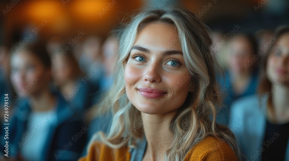 Obraz premium A smiling young woman with blue eyes at a gathering, others in soft focus behind her., generative ai