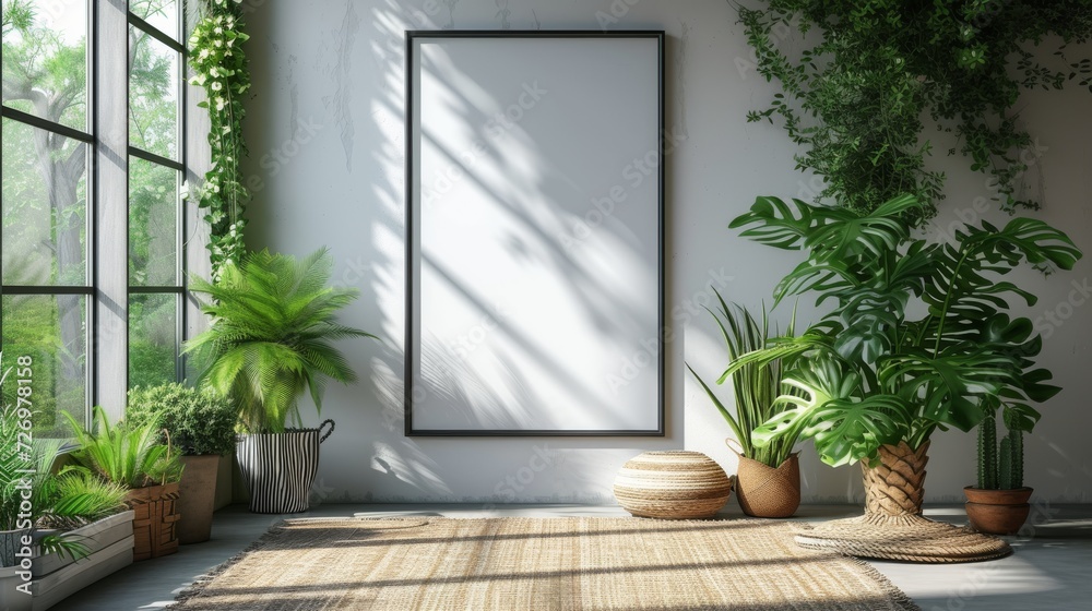 A spacious room with large windows, green plants, a blank frame, and sunlight casting soft shadows., generative ai