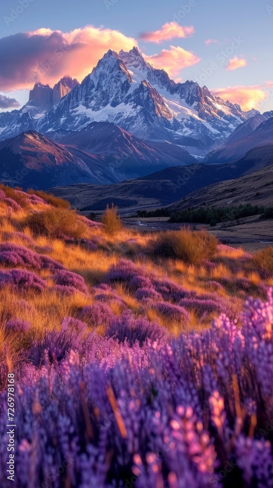 A stunning landscape with purple wildflowers in the foreground and majestic snow-capped mountains under a sunset sky., generative ai