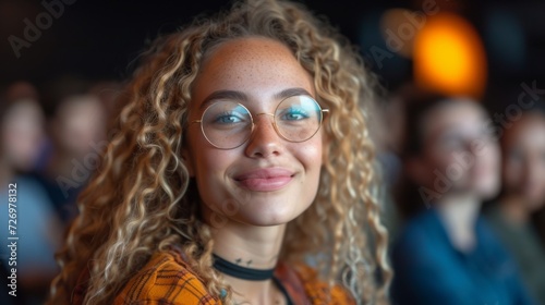 A smiling young woman with curly hair and glasses is in focus; other people are blurred behind her., generative ai