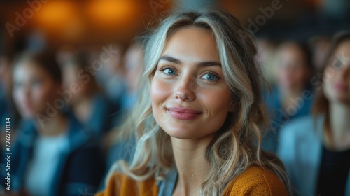 A smiling young woman with blue eyes at a gathering, others in soft focus behind her., generative ai