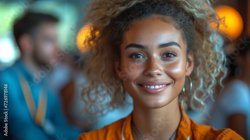 A smiling young woman with curly hair  wearing a yellow top  is indoors with warm lighting.  generative ai