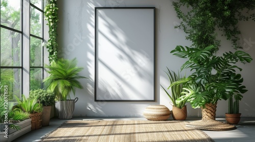 A spacious room with large windows  green plants  a blank frame  and sunlight casting soft shadows.  generative ai