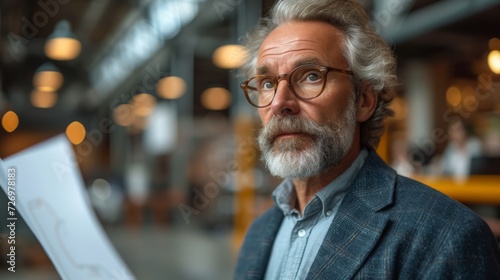 A thoughtful, bespectacled older man with grey hair holding a paper in a modern office space., generative ai