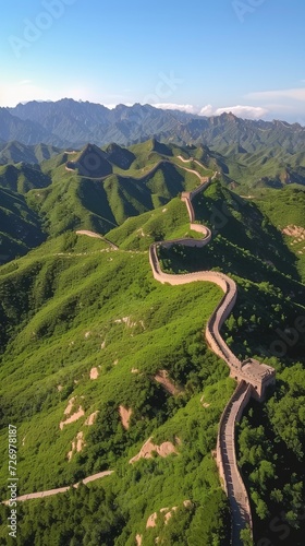 A stunning aerial view of the Great Wall of China winding through lush green mountainous terrain., generative ai
