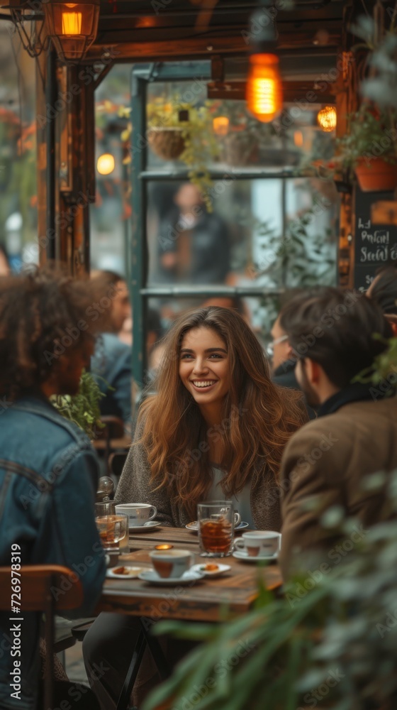A woman with flowing hair smiles while sitting at a cafe table adorned with drinks and plants., generative ai