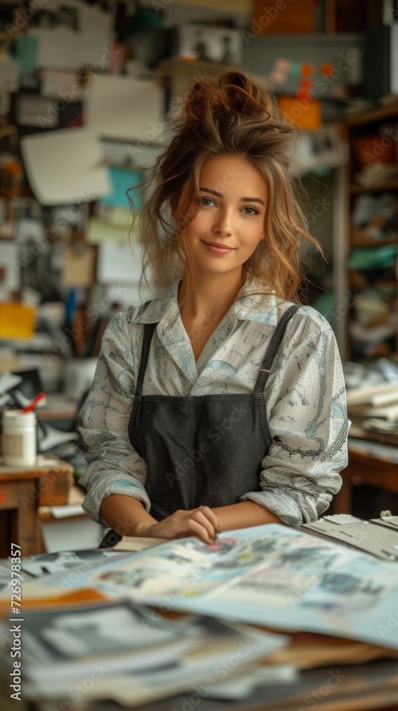 Fototapeta premium A woman with tousled hair stands in an art studio surrounded by paintings and supplies., generative ai