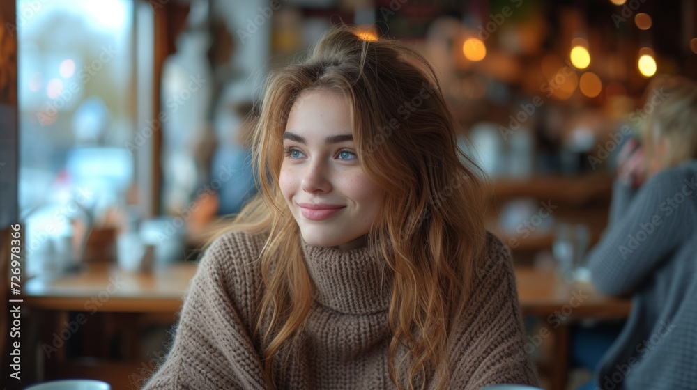 A young woman smiles gently, sitting inside a cozy cafe illuminated by warm, ambient lighting., generative ai A young woman smiles gently, sitting inside a cozy cafe illuminated by warm, ambient lighting., generative ai