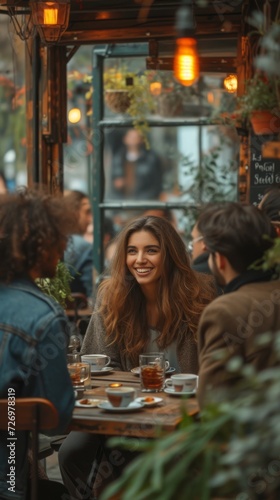 A woman with flowing hair smiles while sitting at a cafe table adorned with drinks and plants.  generative ai