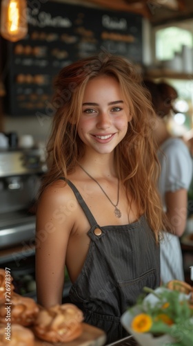 A young woman smiling at the camera, standing in a cafe with food and beverages visible., generative ai