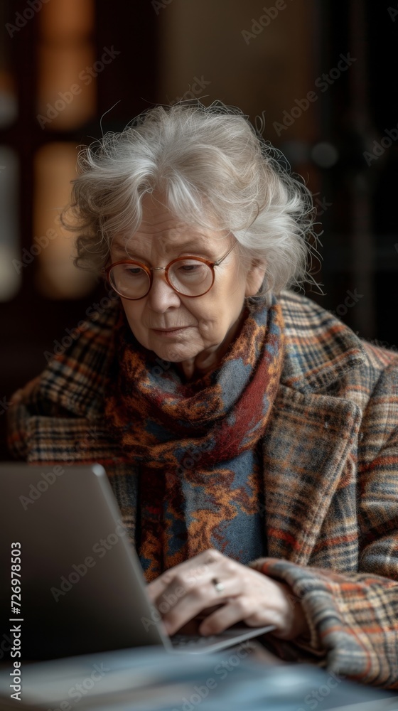 An elderly woman with glasses is focused intently on a laptop screen, wearing a scarf indoors., generative ai An elderly woman with glasses is focused intently on a laptop screen, wearing a scarf indoors., generative ai