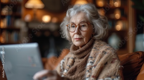 An elderly woman with glasses looks contemplative, seated with a laptop, surrounded by a warm, bookshelf-lined room., generative ai