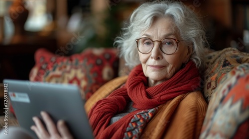 An elderly woman with glasses, wrapped in a cozy blanket, is holding a tablet thoughtfully., generative ai