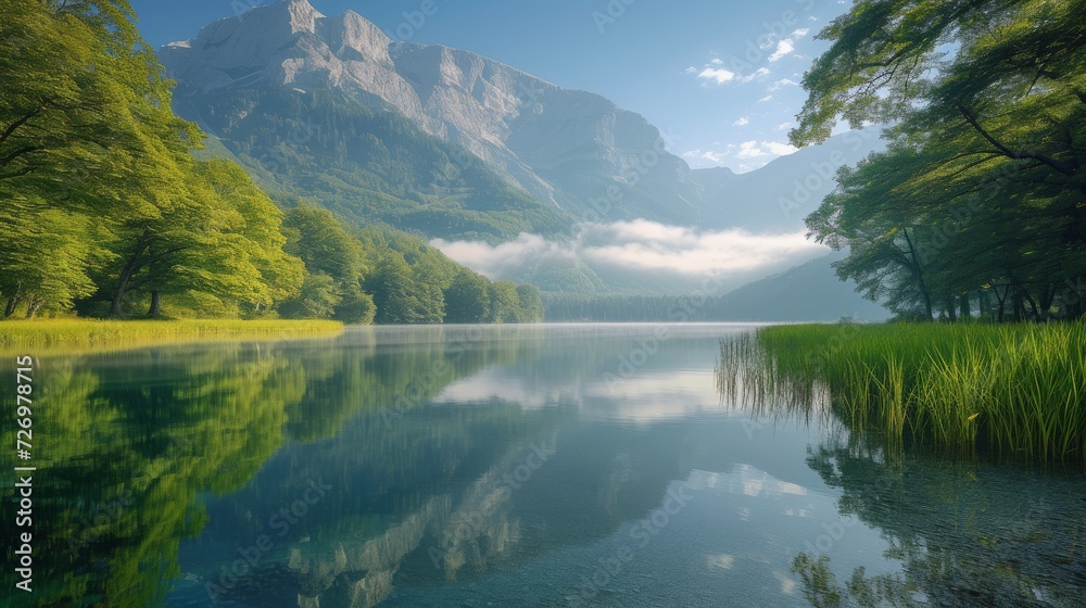 Serene lake with crystal-clear reflections, lush greenery, majestic mountain backdrop, and mist embracing the tranquil landscape., generative ai