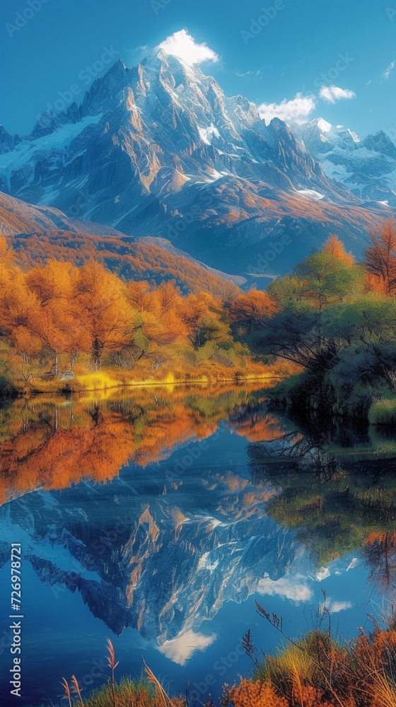 Snow-capped mountain peak, vibrant autumn foliage, clear reflection in tranquil lake, serene natural beauty captured., generative ai