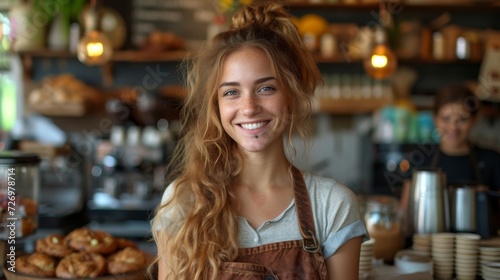 Smiling woman with apron standing in a bakery, surrounded by pastries, with another person in background., generative ai