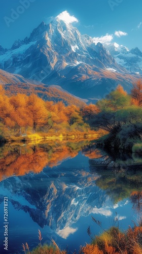 Snow-capped mountain peak, vibrant autumn foliage, clear reflection in tranquil lake, serene natural beauty captured., generative ai