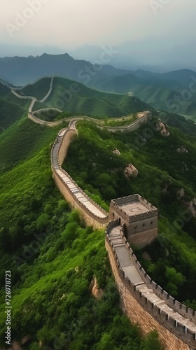 The Great Wall of China meanders over lush green hills under a hazy sky at dawn., generative ai