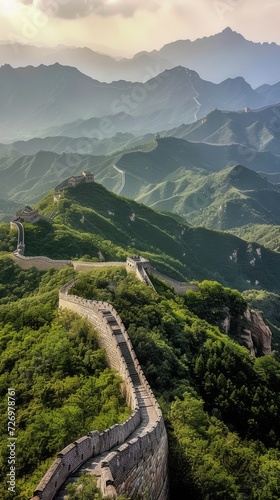 The Great Wall of China winds through lush mountains under a hazy sky, showcasing majestic beauty., generative ai