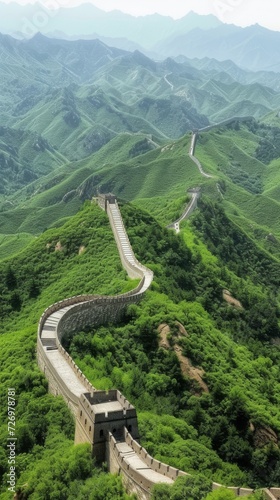 The image depicts the Great Wall of China winding through lush green mountainous terrain under clear skies., generative ai