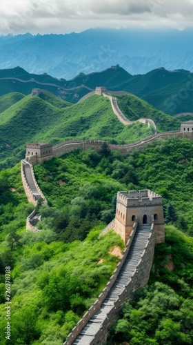 The image shows the Great Wall of China meandering through lush green hills under a cloudy sky., generative ai photo