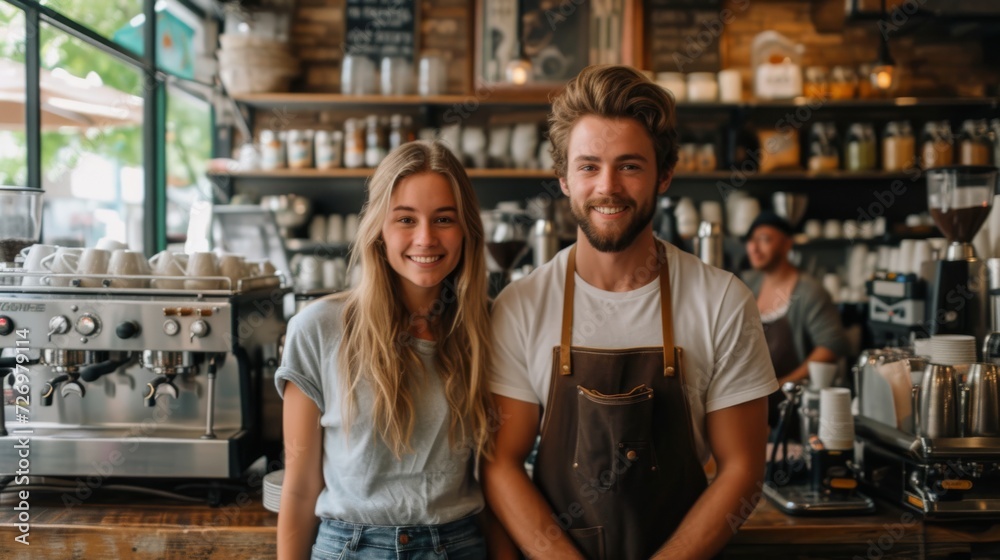 Two smiling baristas wearing casual clothing are standing in a cozy, well-equipped coffee shop interior., generative ai Two smiling baristas wearing casual clothing are standing in a cozy, well-equipped coffee shop interior., generative ai