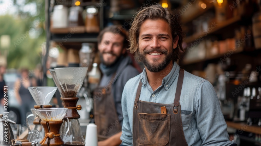 Two smiling baristas in aprons standing in a cozy coffee shop with brewing equipment visible., generative ai