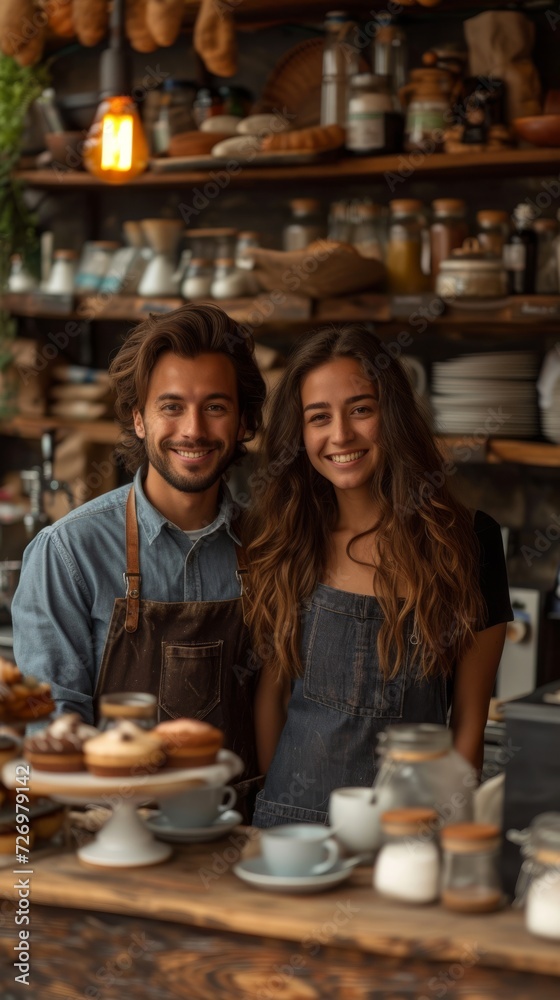 Two smiling baristas wearing aprons stand in a cozy bakery filled with bread and coffee., generative ai