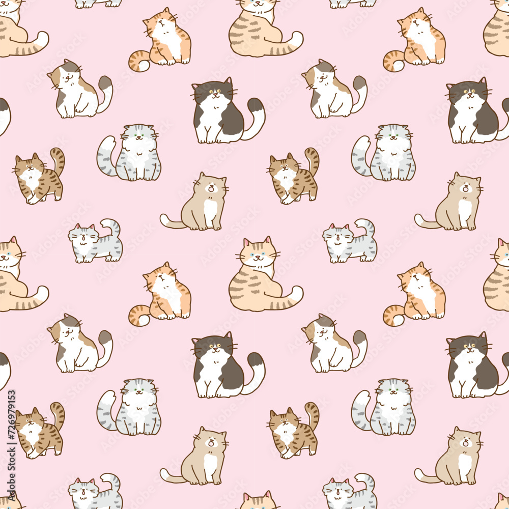 Seamless Pattern of Cartoon Cat Characters on Pink Background