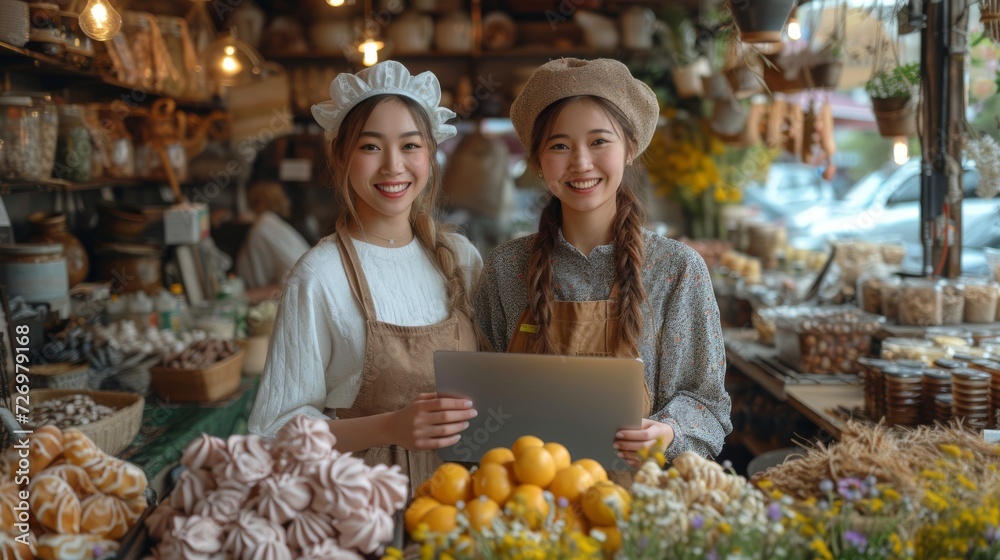 Two smiling people stand in a cozy bakery filled with pastries, holding a digital tablet., generative ai