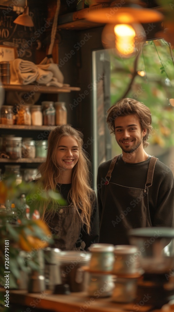 Two smiling young adults stand in a cozy, plant-decorated café with shelves of jars behind them., generative ai