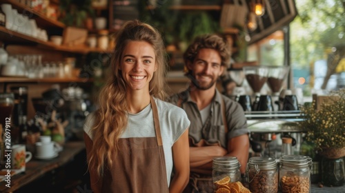 Two smiling baristas in aprons stand inside a cozy  well-lit cafe filled with wooden shelving.  generative ai