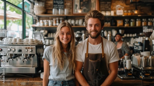 Two smiling baristas wearing casual clothing are standing in a cozy  well-equipped coffee shop interior.  generative ai