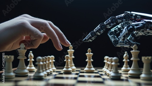 Close up of robot hand playing chess game. Artificial intelligence concept.