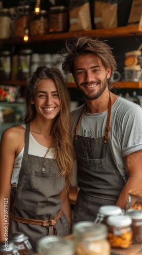 Two smiling baristas in aprons stand together in a cozy  well-stocked cafe with a warm ambiance.  generative ai