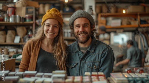 Two smiling individuals wearing beanies stand in front of a store display filled with assorted items., generative ai