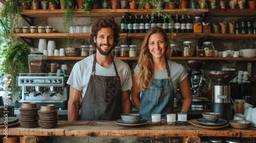 Two smiling baristas stand behind a coffee bar filled with cups, a grinder, and potted plants., generative ai