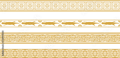Vector set of golden native american ornamental seamless borders. Framework of the peoples of America, Aztecs, Maya, Incas..