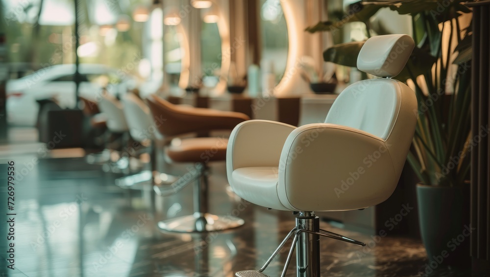 Modern white barber chairs in a well lit salon