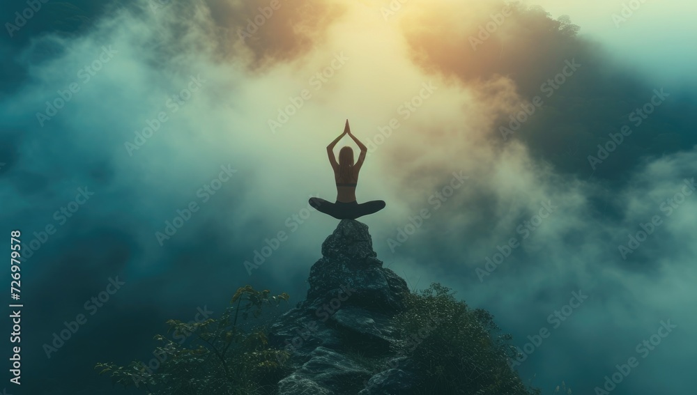 Woman practicing yoga on mountain peak amidst clouds