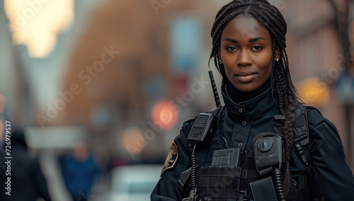 Young african american female security guard in uniform looking at camera photo