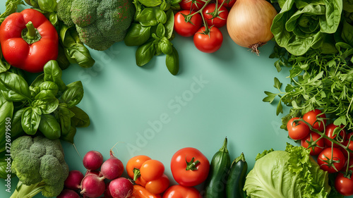 Frame from healthy vegetables on pastel green background, top view