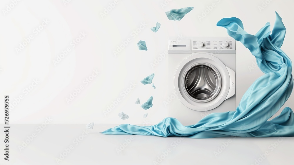 Washing machine and flying clothes on white background, banner design