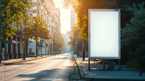 Vertical blank white billboard at bus stop, generative ai