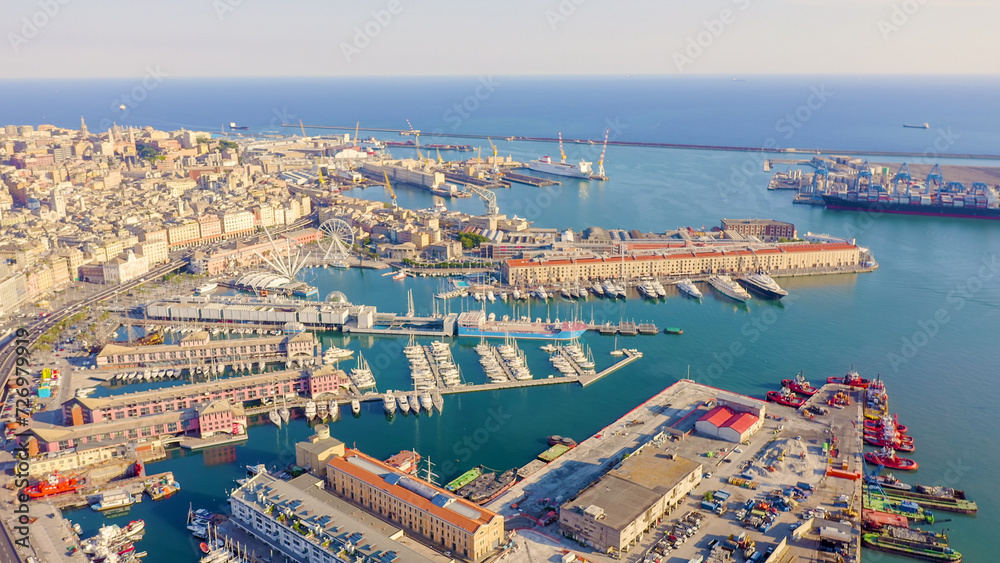 Genoa, Italy. Central part of the city, aerial view. Ships in the port, Aerial View