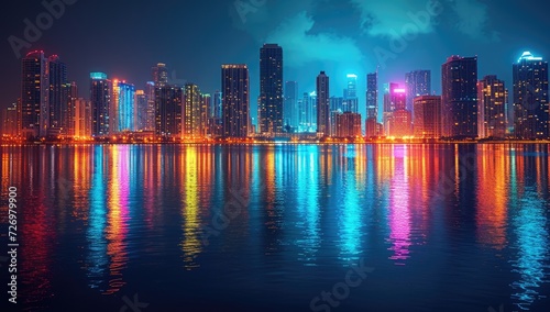 skyline illuminated at night reflecting in water © Meow Creations