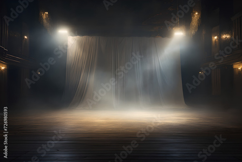 An empty stage lit up by spotlights and surrounded by smoke, with space for messages or logos in stage background. 