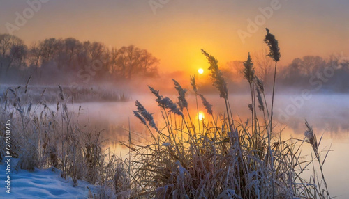 Mglisty, zimowy poranek nad jeziorem. Generative AI © mycatherina